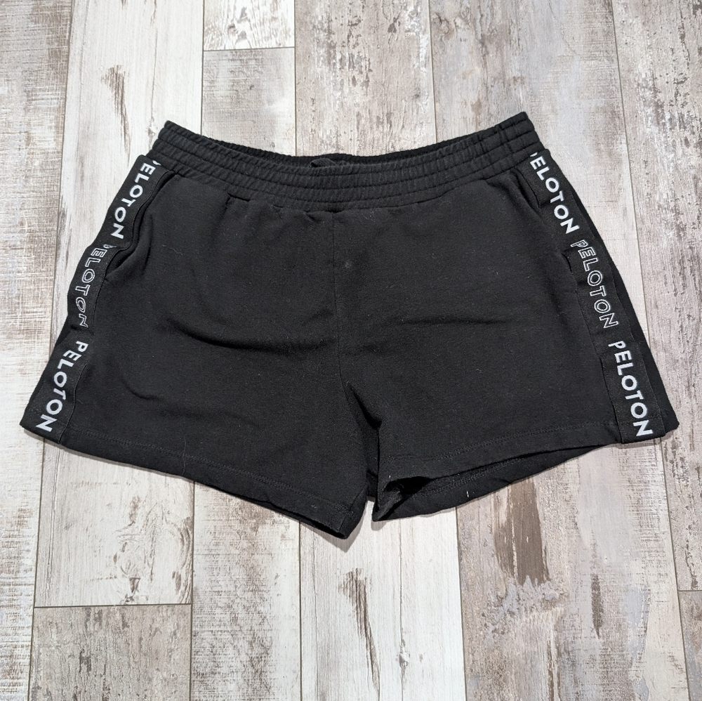Peloton Sweat‎ Shorts Pocket Drawstring Black Spell Out Size Large Women